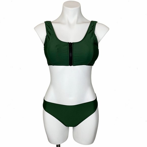 Army Green Scoop Neck Zip-Front Crop Top Bikini - Picture 11 of 16